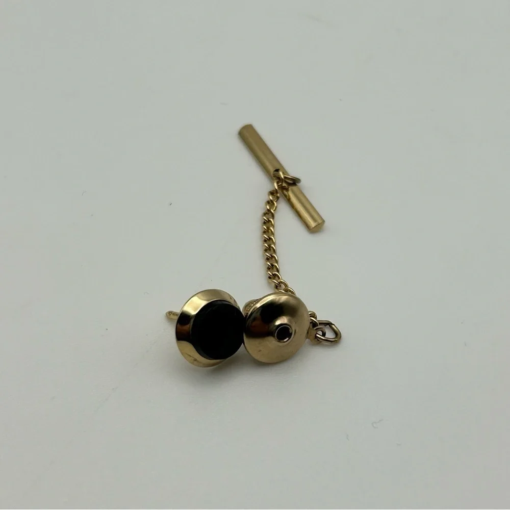 Men's Round Faux Black Stone Tie Tack with Gold Tone Chain Classic Elegant